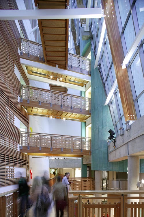 Atrium of the Saltire Centre - showing the 'sound wall' on the left of the image that ensures each floor does is separated form the lively service mall