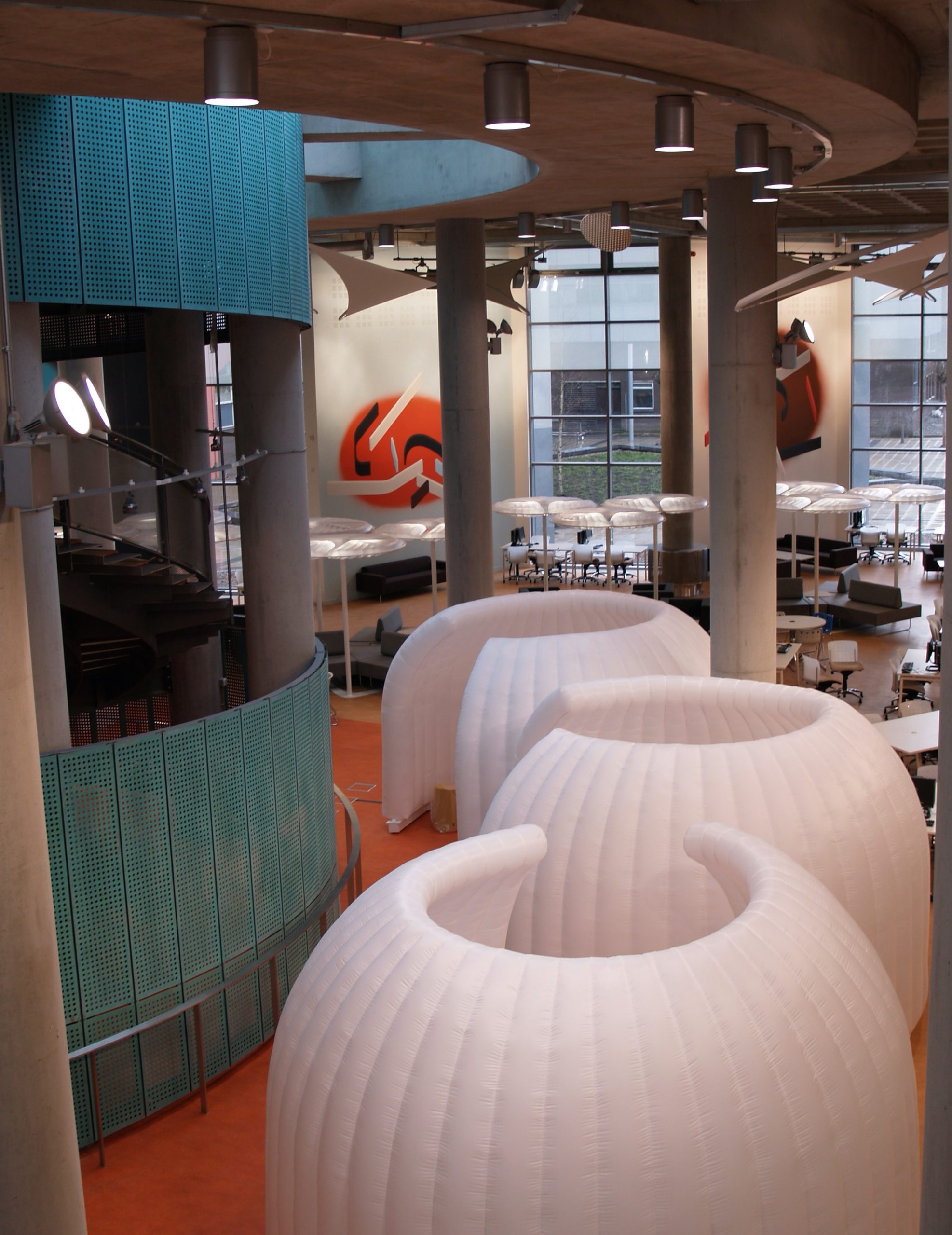 View of services mall in the Saltire Centre showing the inflatable igloos used to provide 'semi-private' study space